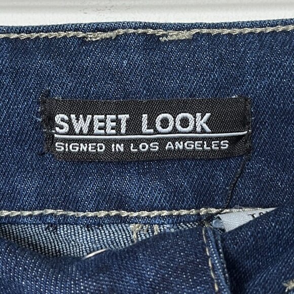 Sweet Look Women's Flare Jeans 7 Tall Bell Bottom Distressed Dark Wash High Rise - Picture 7 of 10